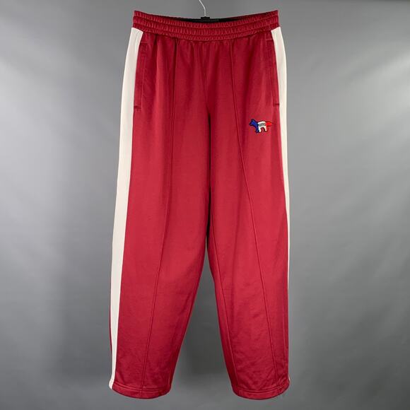 MAISON KITSUNE x PUMA Size M Burgundy White Vertical Stripe Casual Pants - Picture 1 of 8